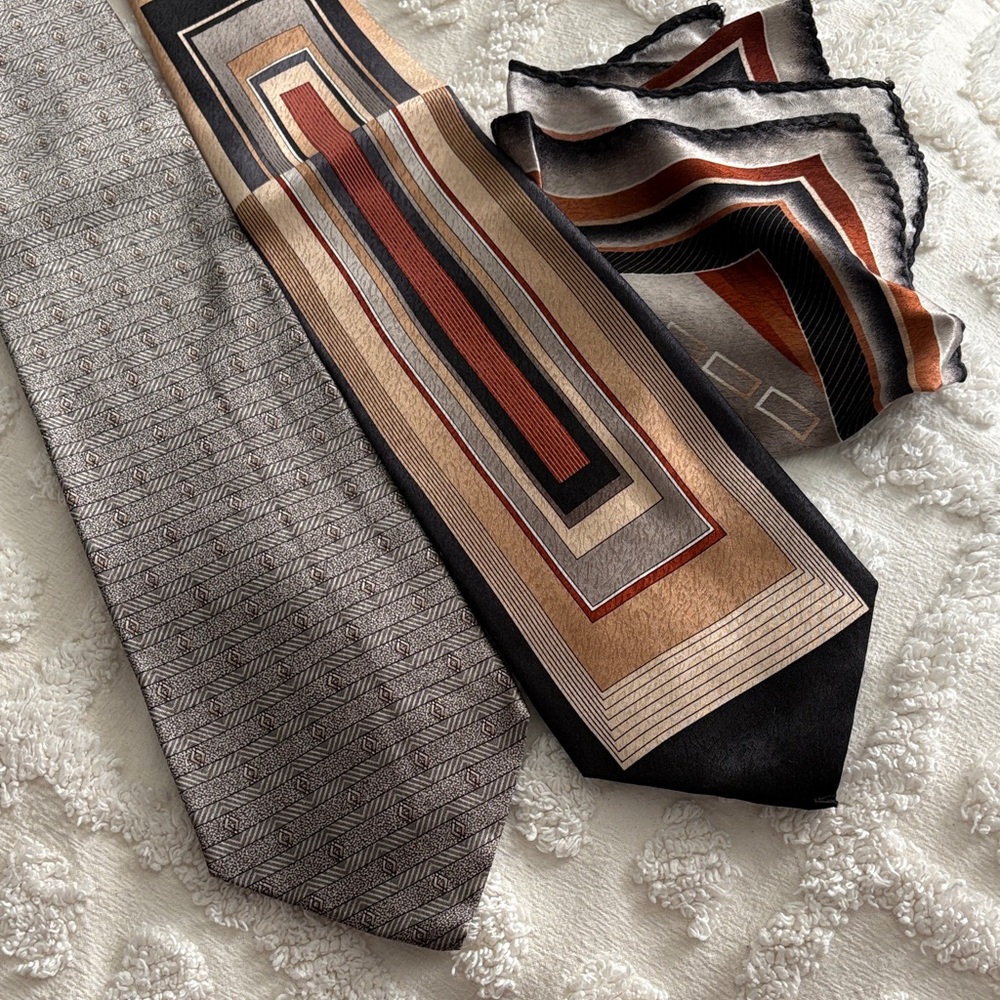 Lot of 2 Men's Pierre Cardin Geometric Silk Ties and Pocket Square
